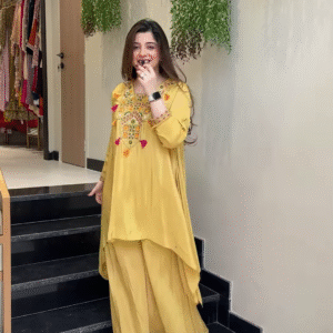 Asymmetrical Kurta & Palazzo Set with Mirror Work & Tassel Detailing