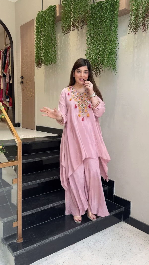 Asymmetrical Kurta & Palazzo Set with Mirror Work & Tassel Detailing - Image 2