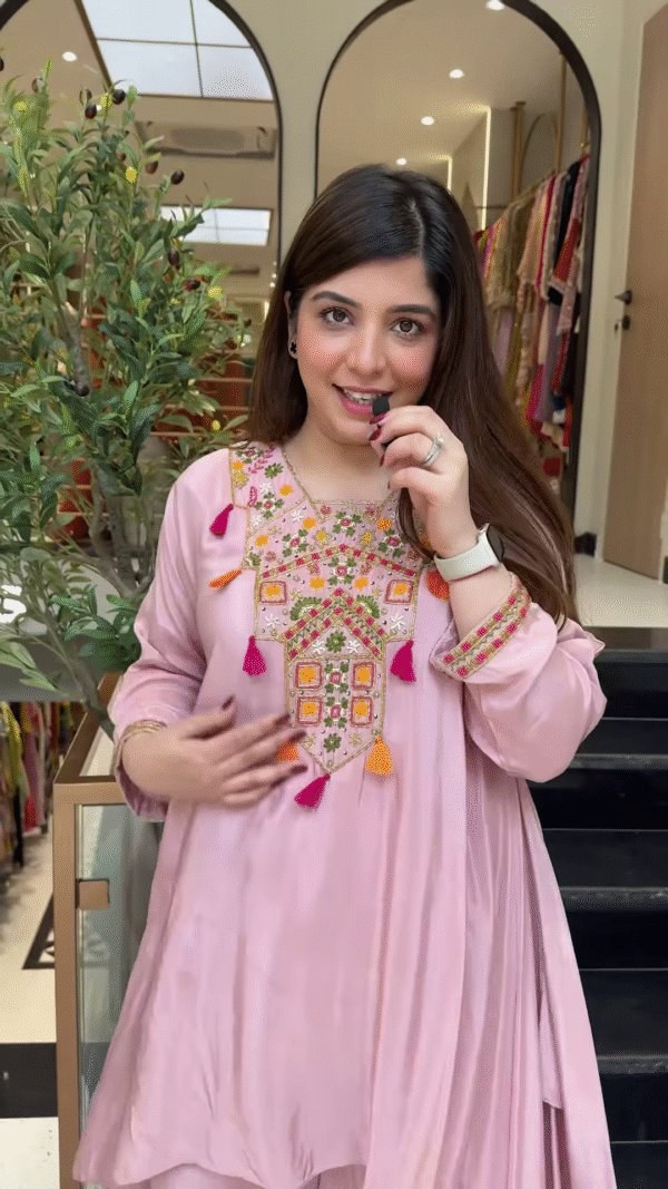 Asymmetrical Kurta & Palazzo Set with Mirror Work & Tassel Detailing - Image 3