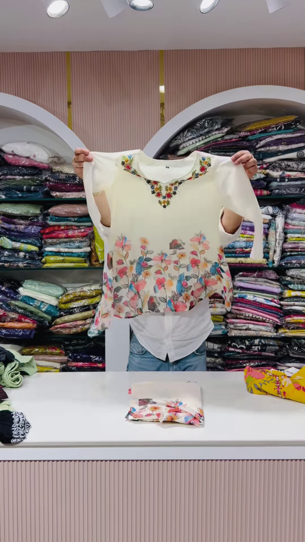 Ivory Chiffon Floral Top with Embroidered Neckline - Image 2