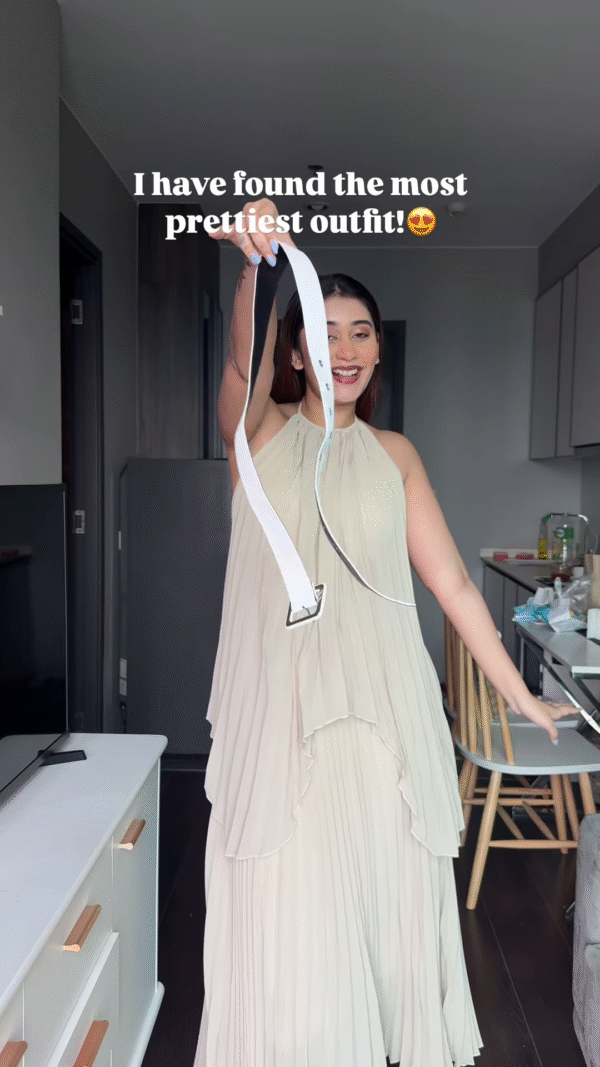 Elegant Flowing Beige Dress with Halter Neck – A Dreamy Day Look - Image 3