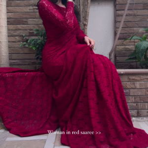 Grace in Crimson – Elegant Lace Red Saree Look ✨