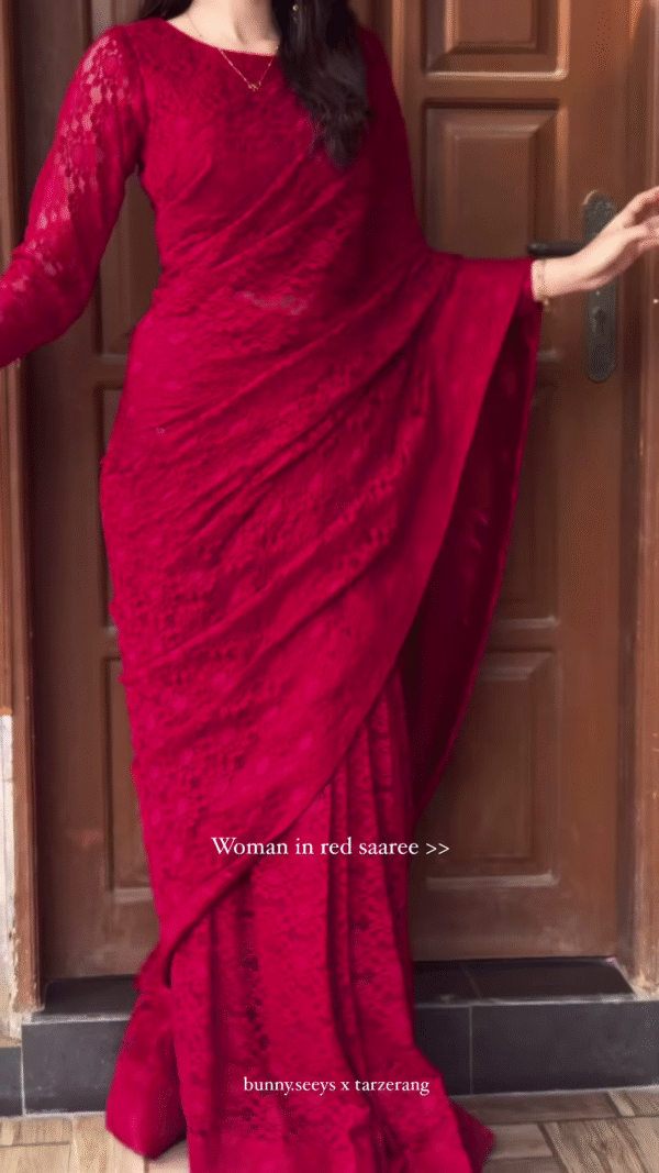 Grace in Crimson – Elegant Lace Red Saree Look ✨ - Image 4