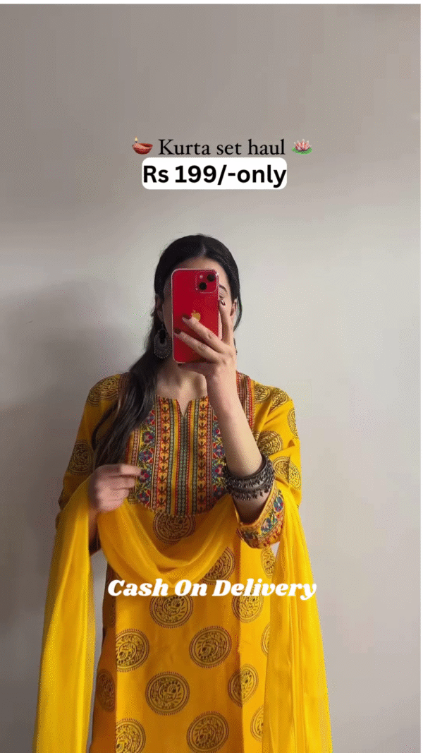 🌼 Traditional Printed Kurta Set – Mustard Yellow | 5 Colors Available | Only ₹199 🌼