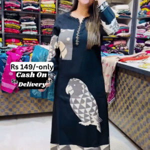 Trendy Printed Black Kurti with Parrot Design – Elegant & Affordable Ethnic Wear