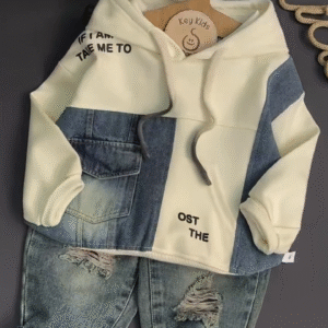 Trendy Patchwork Hoodie & Ripped Denim Set for Kids – Stylish & Comfy!