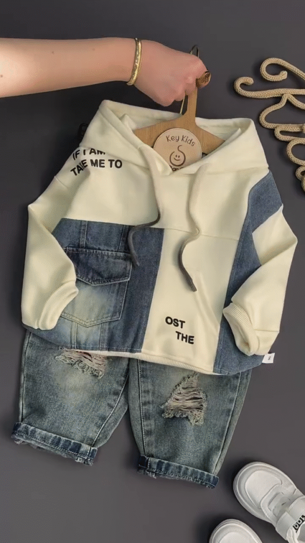Trendy Patchwork Hoodie & Ripped Denim Set for Kids – Stylish & Comfy!