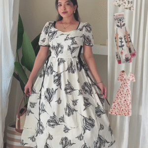 🌿 Boho Bloom Puff-Sleeve Dress