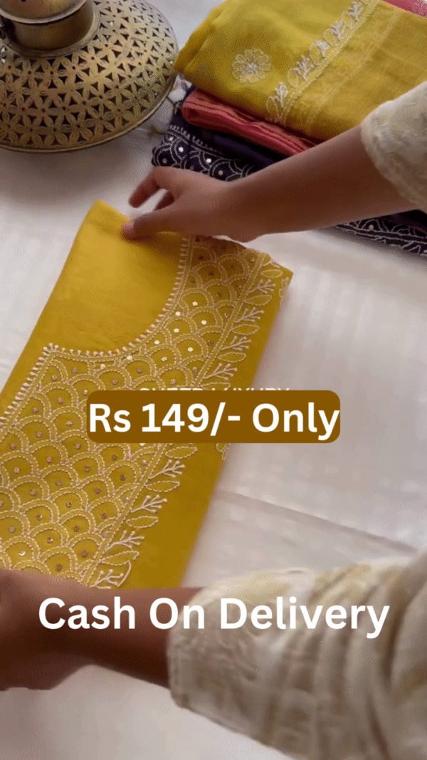 🌈 Trio Magic – Yellow, Blue & Pink Embroidered Kurtas (Size 38) ✨ - Image 3