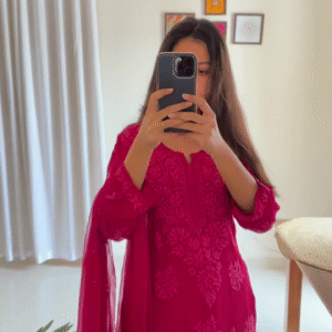 Maroon Tone All-Over Embroidered Festive Kurti Set with Dupatta