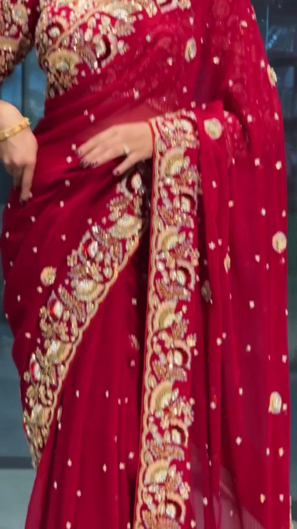 Radiant Beauty: Red Bridal Saree with Golden Embroidery - Image 4