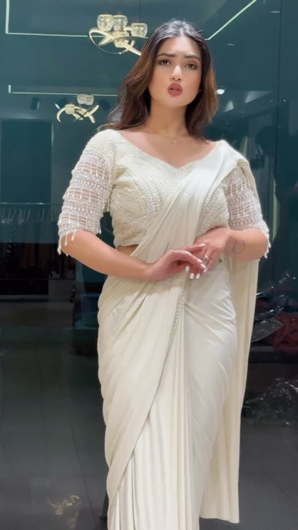 White Drape Saree with Pearl Embroidery – A Graceful Fusion of Elegance and Sophistication - Image 2