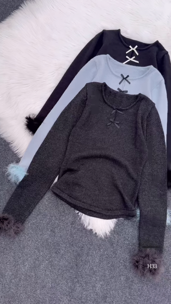 Fur-Cuffed Bow Detail Sweaters 🧥 Available in Black, Light Blue, Dark Grey, Red & Cream - Image 4