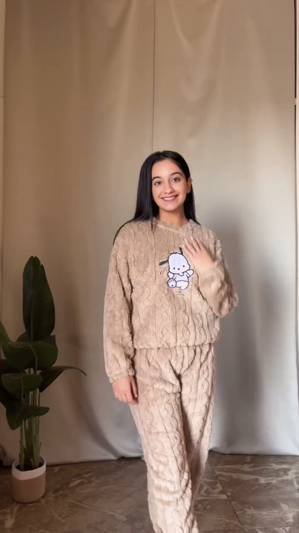 Fluffy Cartoon Co-ord Set 🐾 White Top & Blue Pants – Ultra Cozy Loungewear - Image 2