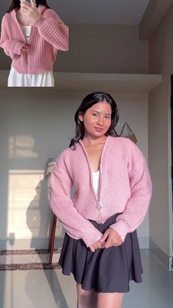 Bubblegum Pink Chunky Knit Zip Cardigan – Plush, Youthful, and All-Day Cozy ✨ - Image 2