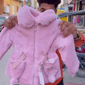 Kids' Winter Jackets 🧸❄️ With Plush Texture & Toy Accents – Purple, White & Pink Variants