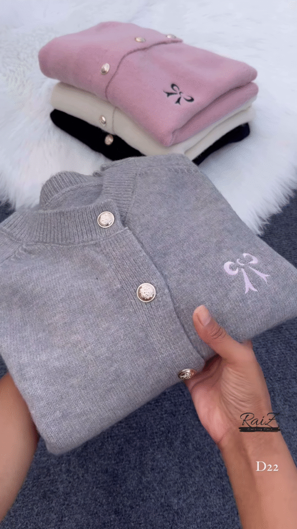 Bow-Embroidered Pearl Button Cardigans 🧥🎀 – Soft Knit Layers in Cream, Black, Pink & Gray Variants - Image 2