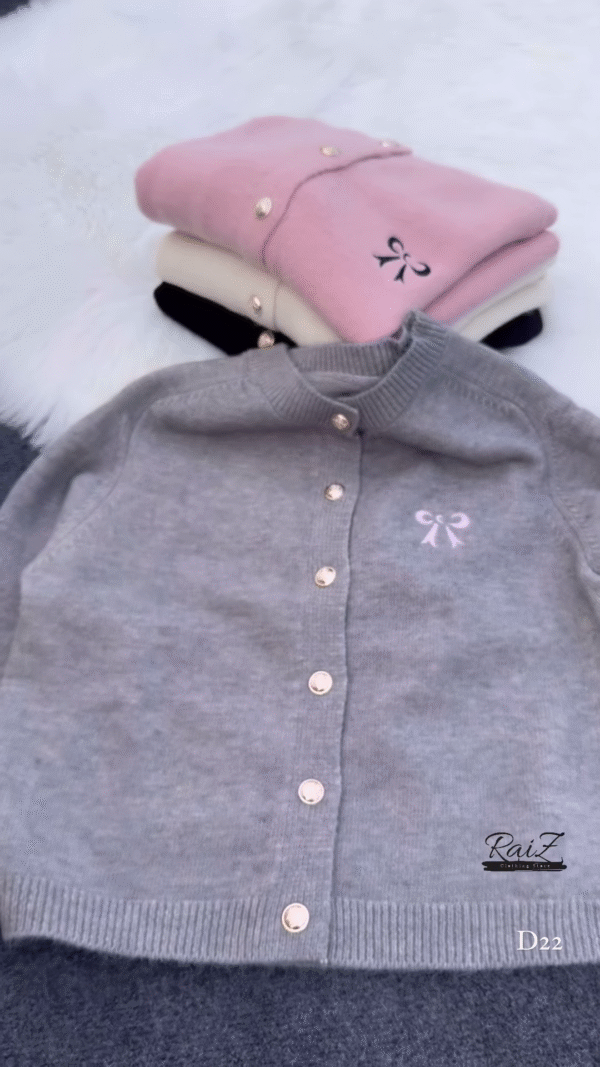 Bow-Embroidered Pearl Button Cardigans 🧥🎀 – Soft Knit Layers in Cream, Black, Pink & Gray Variants - Image 3