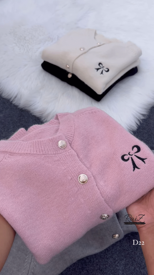Bow-Embroidered Pearl Button Cardigans 🧥🎀 – Soft Knit Layers in Cream, Black, Pink & Gray Variants - Image 4