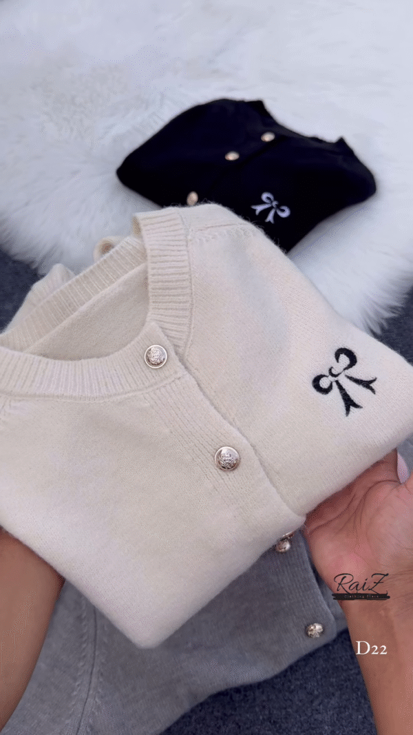Bow-Embroidered Pearl Button Cardigans 🧥🎀 – Soft Knit Layers in Cream, Black, Pink & Gray Variants - Image 5