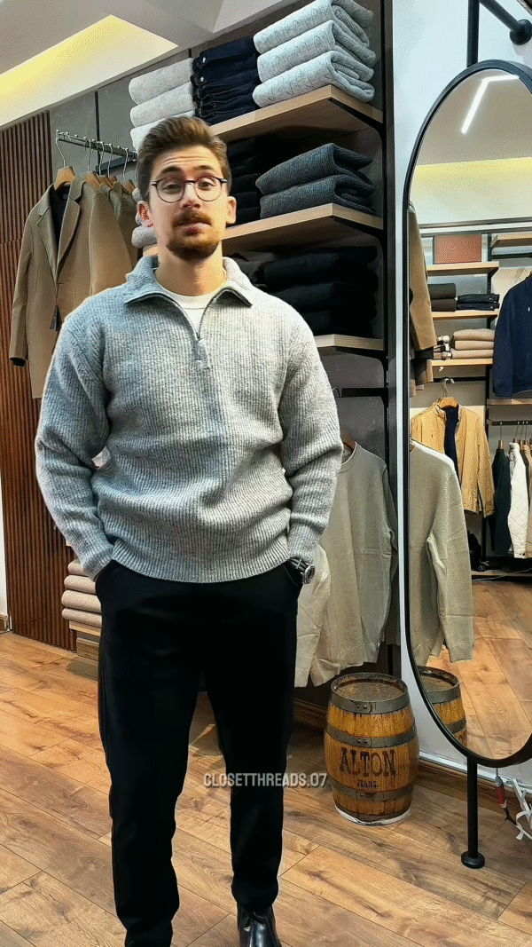 Zip-Up Knit Sweater 🧥🪞 – Soft Grey Layer with Black Pants Styling in Store Visual - Image 4