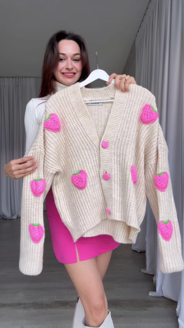 Strawberry-Patch Knit Cardigan 🍓🧥 with Pink Buttons – Styled with Turtleneck, Mini Skirt & Boots - Image 2