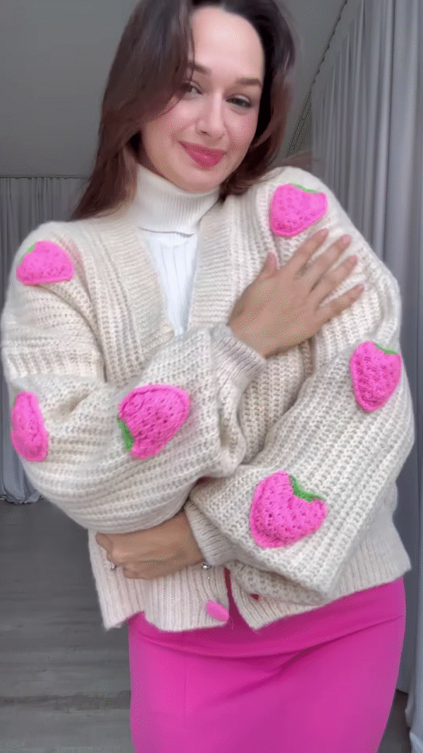 Strawberry-Patch Knit Cardigan 🍓🧥 with Pink Buttons – Styled with Turtleneck, Mini Skirt & Boots - Image 3