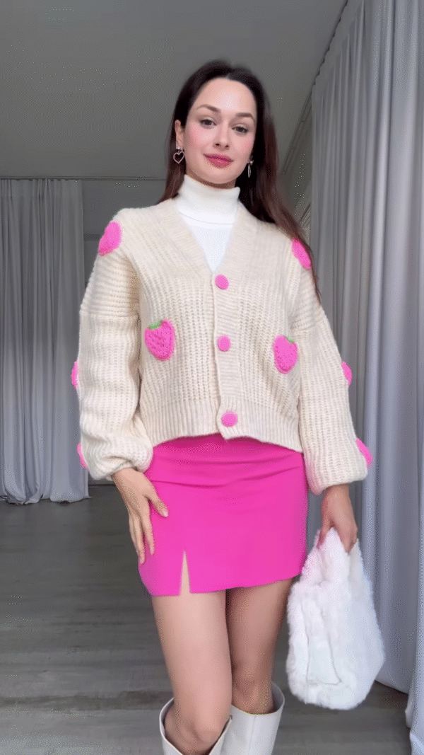 Strawberry-Patch Knit Cardigan 🍓🧥 with Pink Buttons – Styled with Turtleneck, Mini Skirt & Boots - Image 4