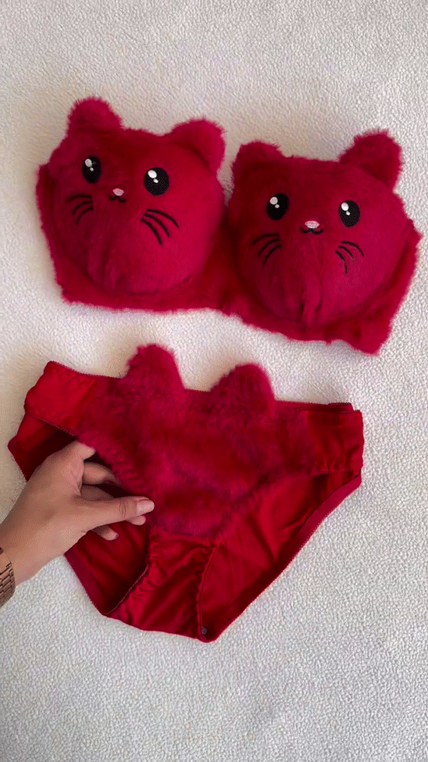 Furry Cat-Face Bras 🐱💗 – Plush Lingerie Tops in Pink, White & Red Variants with Embroidered Details - Image 4