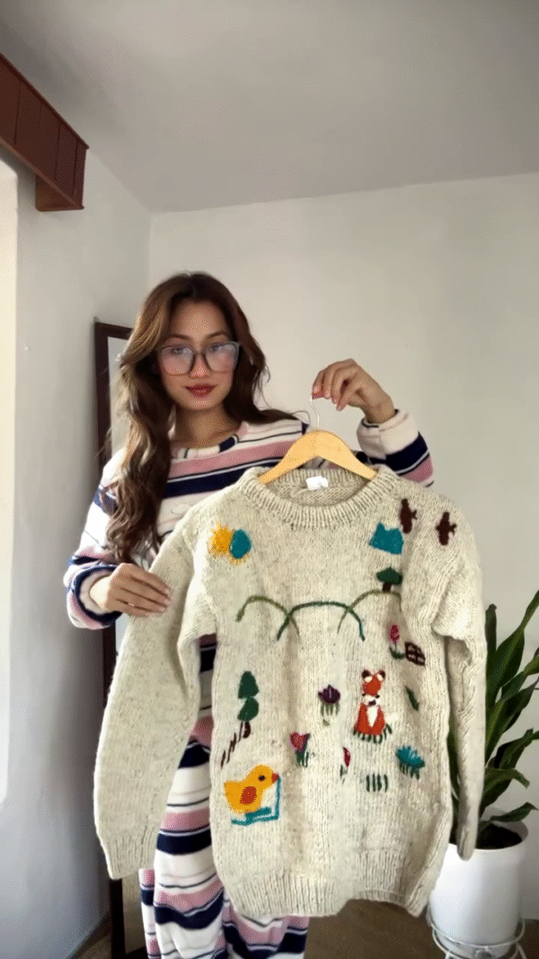 Whimsical Nature-Embroidered Knit Sweater 🌞🦊🌼 – Beige Base with Colorful Storybook Detailing - Image 2