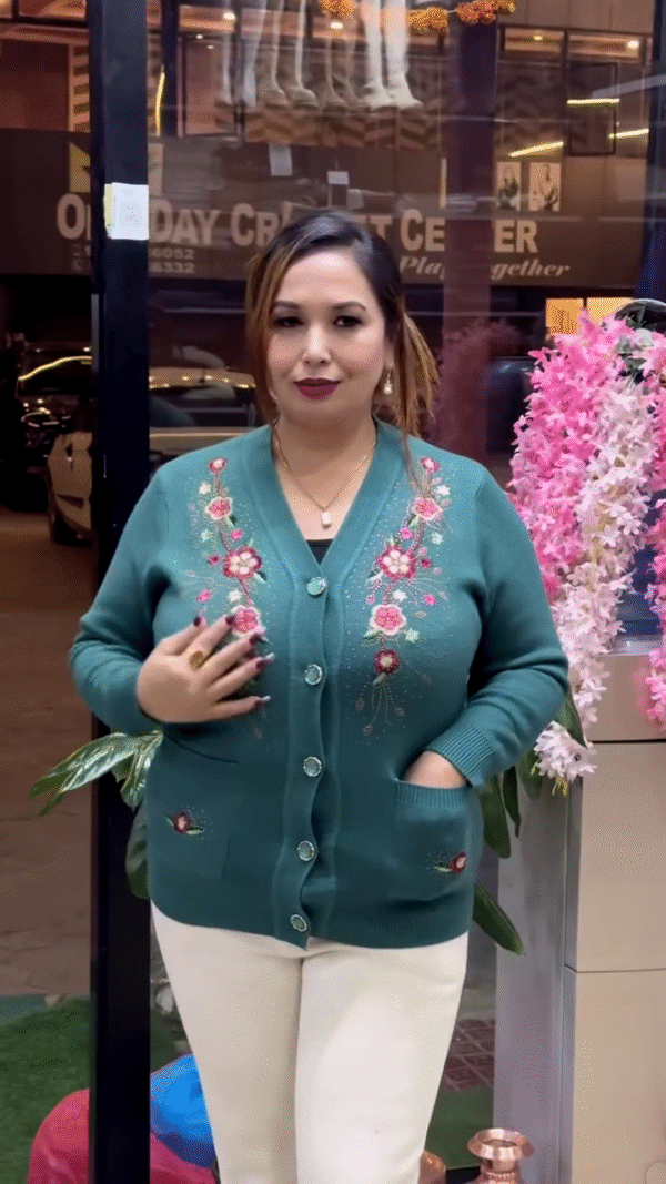 Floral Embroidered Knit Cardigans 🌸🧥 – Beige, Maroon & Purple Variants with Button-Up Front & Pocket Detailing - Image 4