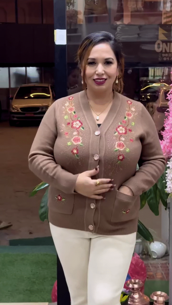 Floral Embroidered Knit Cardigans 🌸🧥 – Beige, Maroon & Purple Variants with Button-Up Front & Pocket Detailing - Image 6