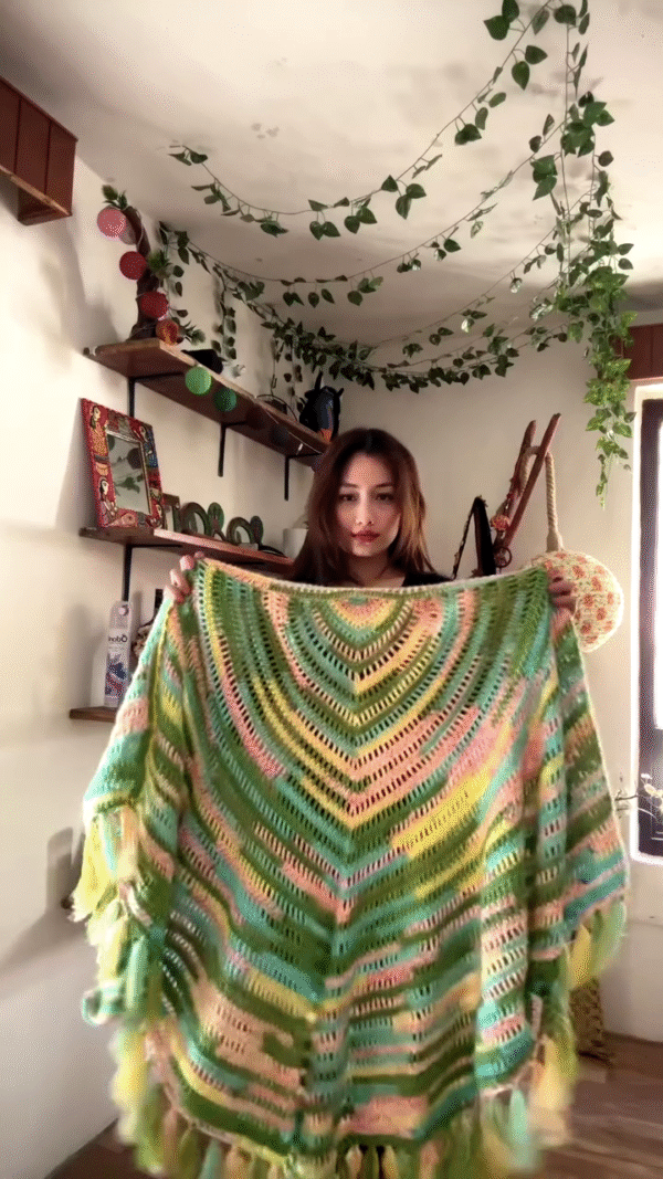 Multicolor Crocheted Shawl with Fringe Detailing 🧶🌈 – Boho Knit Layer Styled Over Black Top