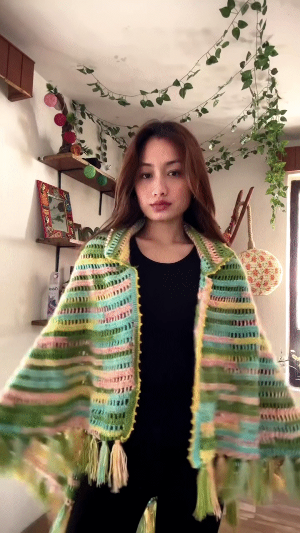Multicolor Crocheted Shawl with Fringe Detailing 🧶🌈 – Boho Knit Layer Styled Over Black Top - Image 2