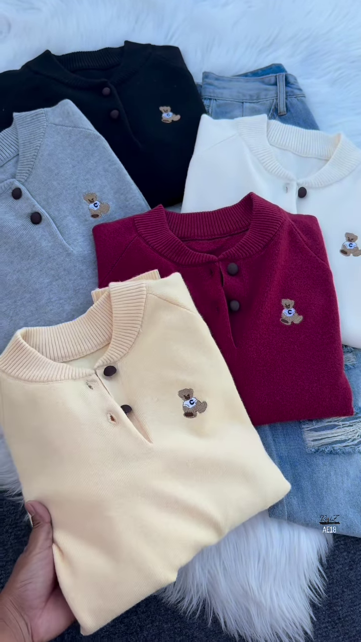 "Cuddly Charm: Multicolor Teddy Bear Embroidered Sweaters" - Image 3