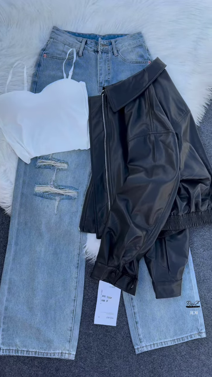 🖤 Dali Noir: Faux Leather Jacket & Distressed Denim Skirt Set - Image 2