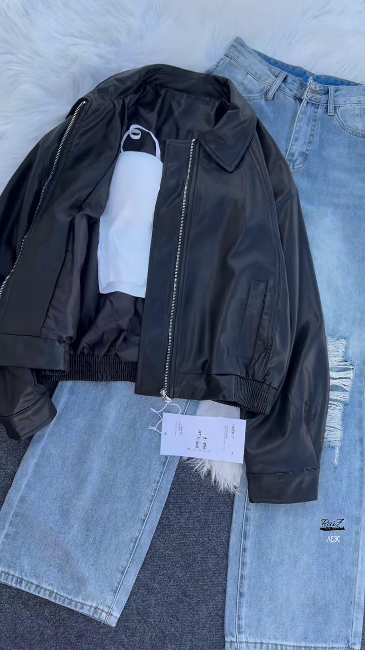 🖤 Dali Noir: Faux Leather Jacket & Distressed Denim Skirt Set